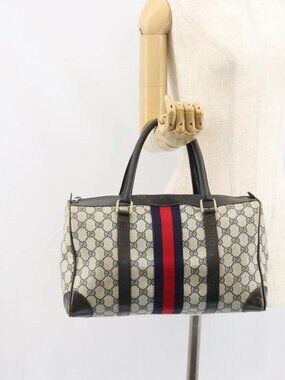 GUCCI GG Supreme Boston Bag PVC Navy Gold Auth 162988